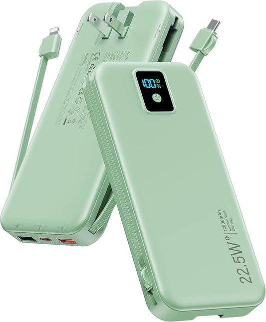 Portable Charger, 12000mAh 22.5W Fast Charging Power Bank with Built-in Cables & Wall Plug, Travel Essentials Battery Pack with LED Display, USB C External Battery Bank for iPhone iPad, Samsung Green