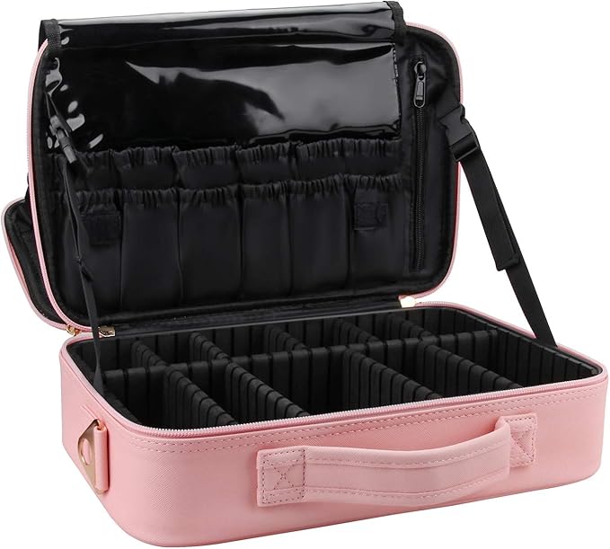 Relavel Makeup Bag Travel Makeup Train Case 13.8 inches Large Cosmetic Case Professional Portable Makeup Brush Holder Organizer and Storage with Adjustable Dividers and Shoulder Strap (Pink)