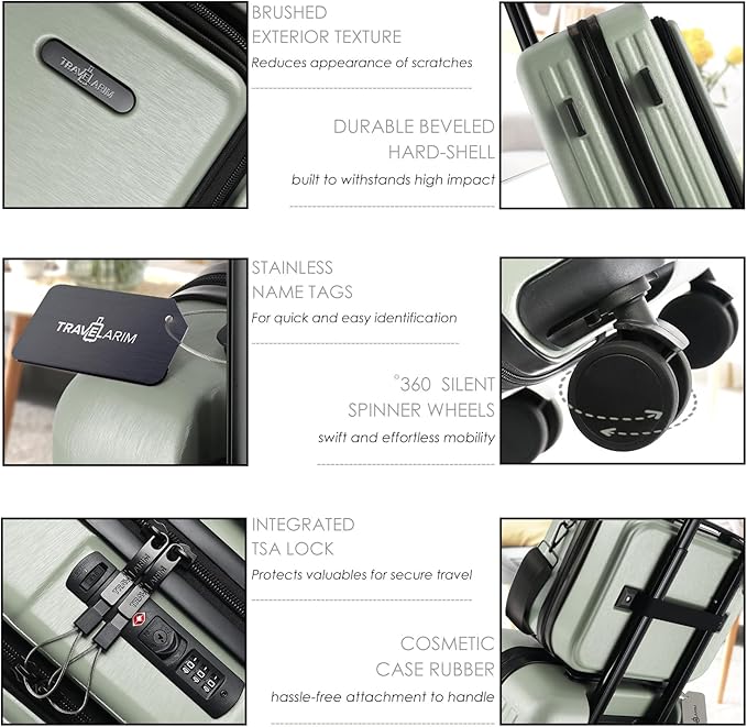 TravelArim 22 Inch Carry On Luggage 22x14x9 Airline Approved, Small Carry On Suitcase, Hard-shell Carry-on Luggage with Wheels, Durable Sage Green Luggage Carry-On with Cosmetic Case and Luggage Scale