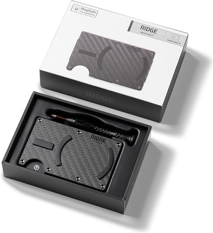 Ridge Wallets for Men Compatible with Magsafe - Slim Minimalist Compact Wallet and Card Holder, RFID Protected Front Pocket Wallets for Men with Integrated Cash Strap (Carbon Fiber 3K)