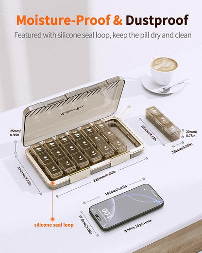 Pill Organizer 3x a Day, Large 7 Day 3 Times a Day Weekly Pill Box with 7 Detachable Pill Containers, Portable Daily Travel Medicine Pill Case Medicine Organizer for Vitamin Fish Oil Supplement, Brown