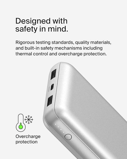 Belkin Portable Charger, USB-C Power Bank 20000 mAh w/ 1xUSB-C Port & 2xUSB-A Ports, 15W w/Type-C to Type-A Cable for iPhone 17, Samsung Galaxy S25, Nintendo Switch 2, Google Pixel 10, etc. - Silver