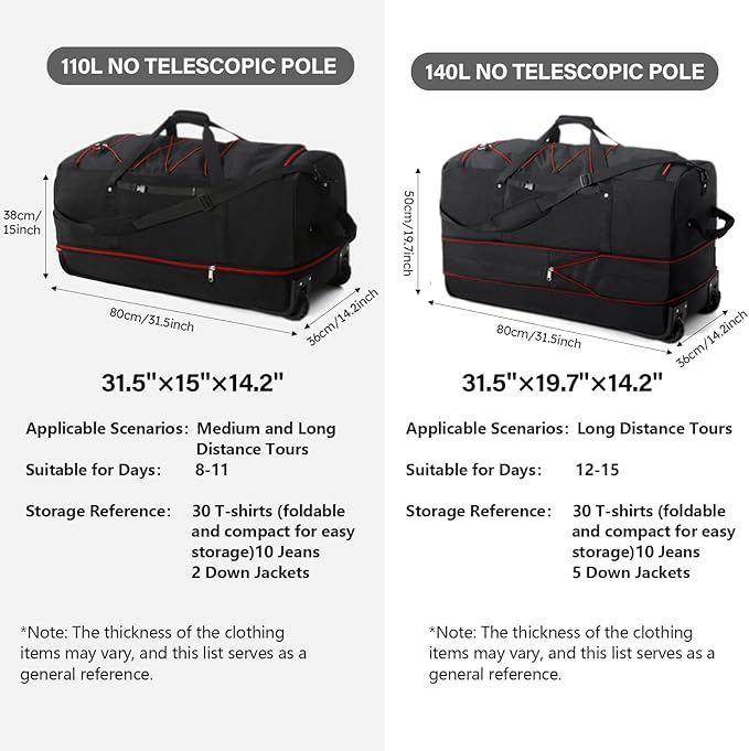 Vomgomfom 32" Soft-Sided Foldable Wheeled Travel Duffel Bag,Expandable 110L to 140L Rolling Cargo Bag with 2 Wheels and Multiple Pockets,Black-red