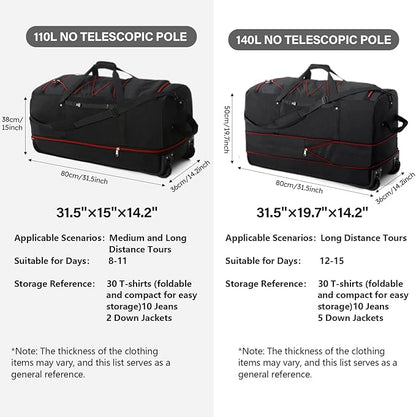 Vomgomfom 32" Soft-Sided Foldable Wheeled Travel Duffel Bag,Expandable 110L to 140L Rolling Cargo Bag with 2 Wheels and Multiple Pockets,Black-red