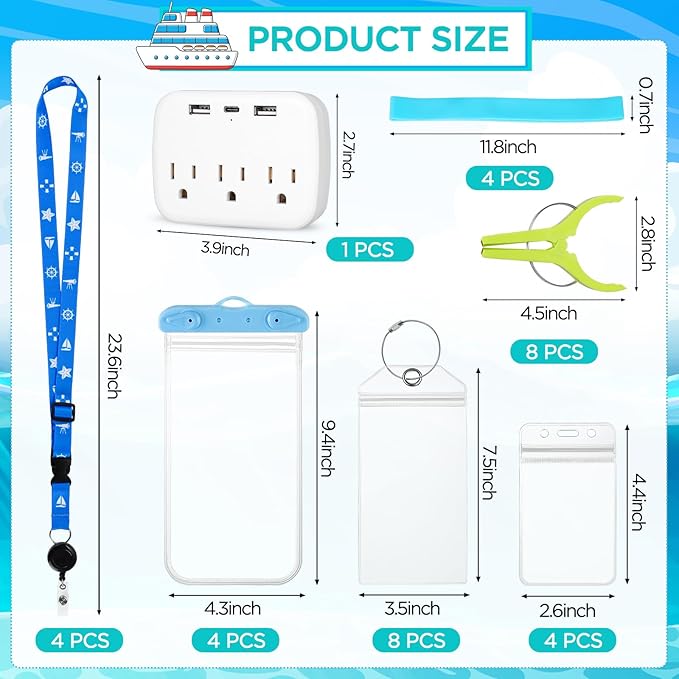 Cruise Ship Essentials Kit Include Cruise Luggage Tags Holder, Cruise Lanyards, Cruise Power Strip, Towel Bands and Clips, Waterproof Phone Bags for All Cruise Lines