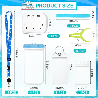 Cruise Ship Essentials Kit Include Cruise Luggage Tags Holder, Cruise Lanyards, Cruise Power Strip, Towel Bands and Clips, Waterproof Phone Bags for All Cruise Lines