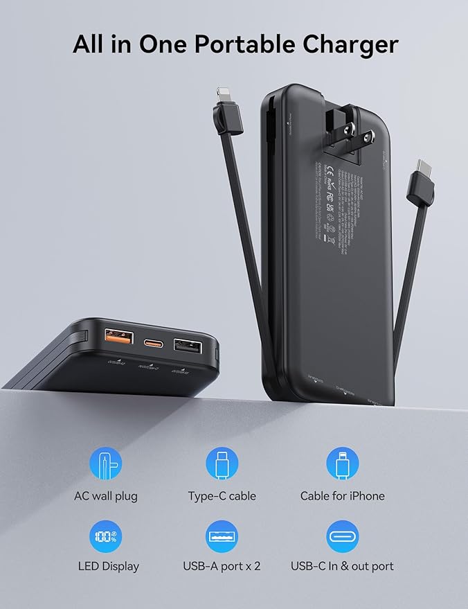 12000mAh Ultra-Portable-Charger-Power-Bank with Built in Cables&AC Wall Plug,PD20W USB-C Fast Charging Cell Phone Charger Battery Pack,LED Display Travel Battery Bank for All iPhone,Samsung,Android