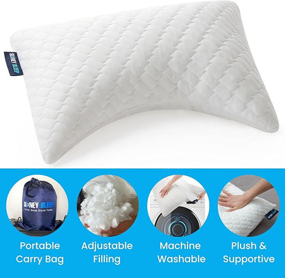 Sidney Sleep Mini Travel Size Neck Pillow - Knee, Back Lumbar and Support - Small Curved Pillow - 14 x 19 Inches - Adjustable Loft - Washable - Drawstring Backpack Included (White)