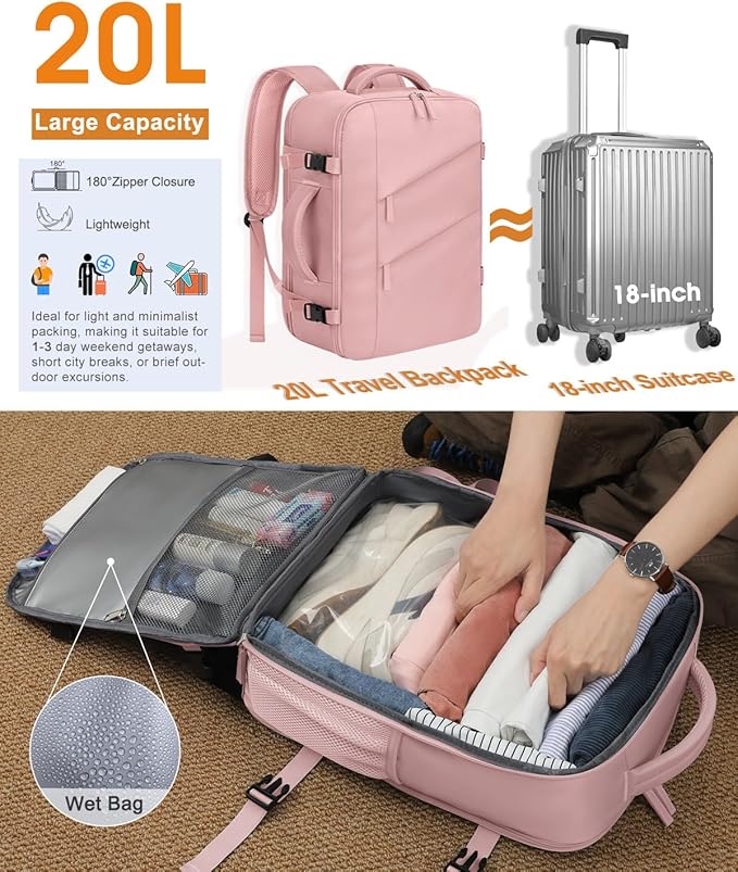 Capolo Travel Backpack for Women Men Waterproof Laptop Backpack Flight Approved Carry On Backpack Overnight Weekender Bag College Bookbag for Business, Work, Traveling Fits 15.6 '' Laptop,Pink