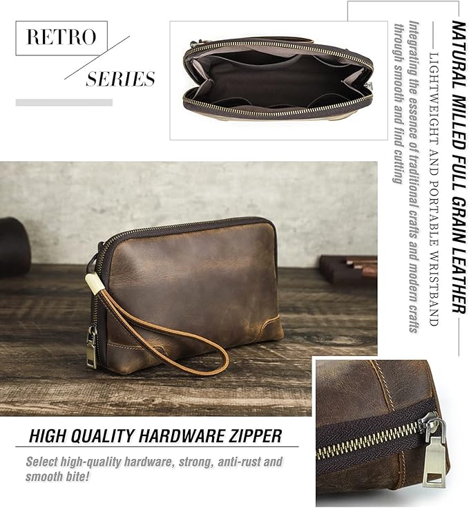 Electronic Organizer Zipper Bag Tech Pouch, Top Grain Leather Handmade, Portable Compact Travel Storage Cases Fits Apple Accessories, Phone, USB Cables, Power Banks, Chargers, Hard Drive