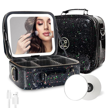 MOMIRA Travel Makeup Bag Cosmetic Bag with Lighted Mirror, Adjustable Brightness in 3 Color Scenarios/Detachable makeup mirror, 2024-All-round Upgrade, Waterproof, Gift for Women -Glett Black