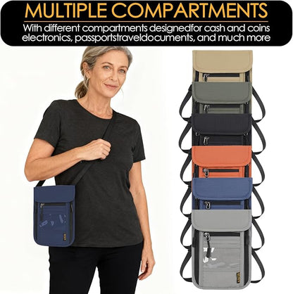 Travel Neck Wallet RFID Blocking – Hidden Passport Holder & Anti-Theft Money Pouch for Men & Women, Lightweight Concealed Undergarment Organizer with Adjustable Strap, Secure Document Holder