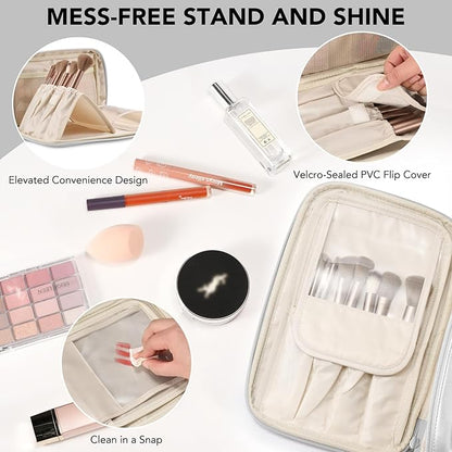 Travel Makeup Bag Women's Large Capacity Cosmetic Portable Organizer Large Opening Waterproof Storage Toiletry Bags Vertical Free-Standing Brush Holder for Easy Access Silver