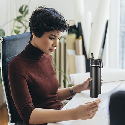 Volhoply 24oz Insulated Water Bottle With Straw Bulk 3 Pack,Metal Wide Mouth Water Bottles With Handle Lid Keep Cold,Reusable Double Wall Cups,Powder Coated Sport Bottle For Holder(Black,3 Count)