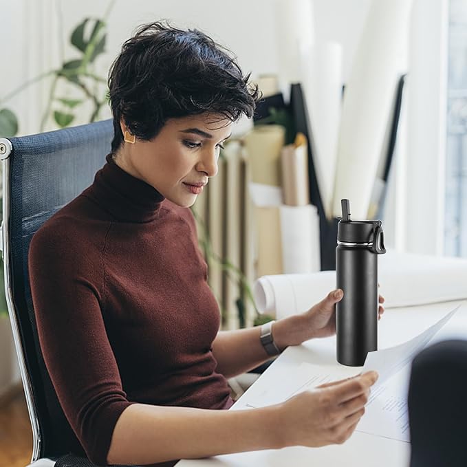 Volhoply 24oz Insulated Water Bottle With Straw Bulk 6 Pack,Metal Wide Mouth Water Bottles With Handle Lid Keep Cold,Reusable Double Wall Cups,Powder Coated Sport Bottle For Holder(Black,6 Count)