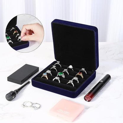 Ring Storage Boxes for Multiple Rings, Velvet Compact and Stylish Travel Jewelry case, Portable Small jewelry Organizer Box Tray Gift for Women, Girl(Blue)