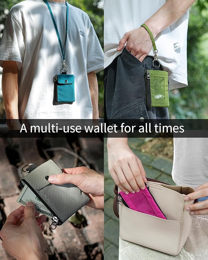Minimalist Wallet For Mens Womens, Keychain RFID Blocking Zipper Small Wallet with ID Window 2 Lanyards,Water Resistant Travel Cash Card Coin Case Boys Girls