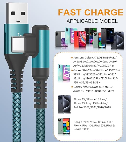 sweguard USB Type C Charger Cable Right Angle [2-Pack,3.3FT] 3.1A Nylon Braided Cord for iPhone 17 16 15 Pro Max Plus iPhone Air Samsung Galaxy S25 S24 S23 S22 S21 S20 Note 20 A15 Flip Pixel LG Moto