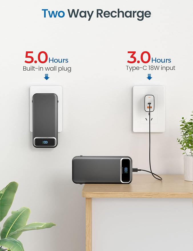 12000mAh Lightweight-Portable-Charger-Power-Bank with Built-in Cables and AC Wall Plug, PD20W USB-C Fast Charging Battery Pack, LED Display External Travel Phone Charger for All iPhone,Samsung,Android