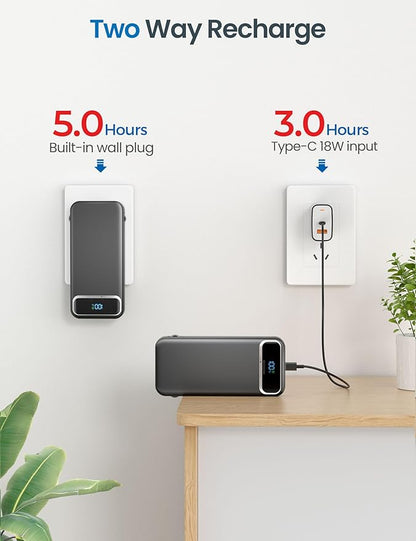 12000mAh Lightweight-Portable-Charger-Power-Bank with Built-in Cables and AC Wall Plug, PD20W USB-C Fast Charging Battery Pack, LED Display External Travel Phone Charger for All iPhone,Samsung,Android