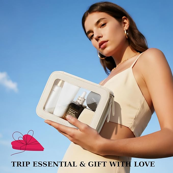 Clear Makeup Bag, Travel Toiletry Bag Cosmetic Case for Women, Waterproof Portable Make Up Skincare Pouch with Zipper, Compact Car Organizer Bag for Essentials, Medium Size, Beige