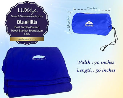 BlueHills Ultra Compact Travel Blanket Pillow in Portable Bag Case Premium Cozy Soft Compact Pack Large Blanket for Airplane Flight Layover Blue - Royal C005