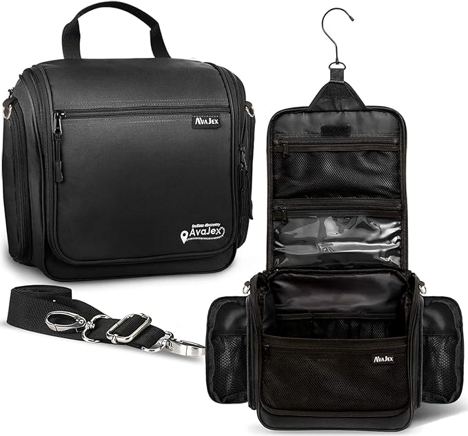 Extra Large (11.8”x11.8”x4”) Hanging Travel Toiletry Bag for Men and Women - Cosmetic Travel Bag With Shoulder Strap - Waterproof Hygiene Bag with Metal Swivel Hook and 19 Compartments for Toiletries