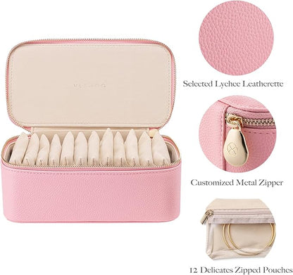 Vlando Travel Jewelry Box Organizer - 12 Small Velvet Zipped Pouches Pockets for Jewelries Necklaces Rings Earrings Sorting Storage, Strawberry Pink