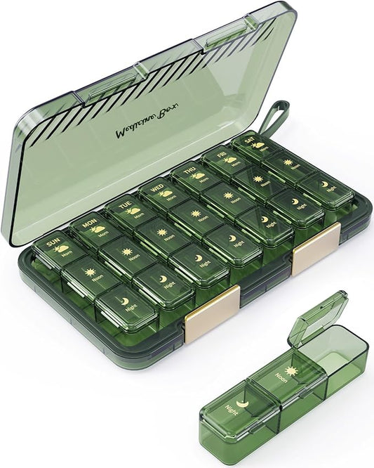 Weekly Pill Organizer 3X a Day, Large 7 Day Pill Box 3 Times a Day with 7 Compartments, Portable Travel Daily Pill Box for Medication, Vitamins, Fish Oil and Supplements, Green
