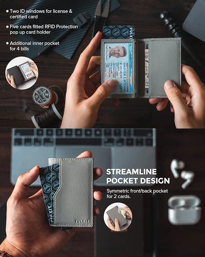 VULKIT Card Holder Wallet with Double ID Windows RFID Blocking Pop Up Wallet Minimalist Design for 12 Cards