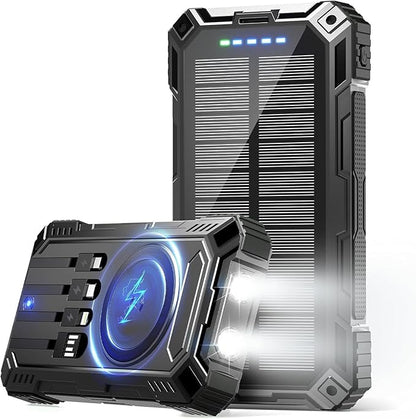 Power Bank 49800mAh Solar Portable Charger Wireless Charging USB-C 15W Fast Charging with 4 Built-in Cables LED Flashlight Battery Pack Compatible with iPhone, iPad, Galaxy, Perfect for Camping