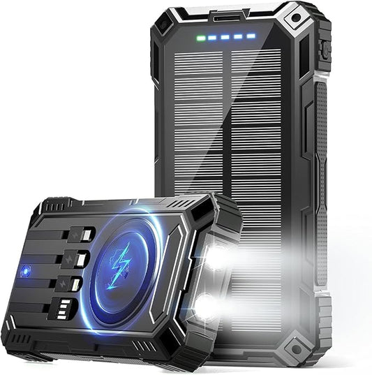 Power Bank 49800mAh Solar Portable Charger Wireless Charging USB-C 15W Fast Charging with 4 Built-in Cables LED Flashlight Battery Pack Compatible with iPhone, iPad, Galaxy, Perfect for Camping