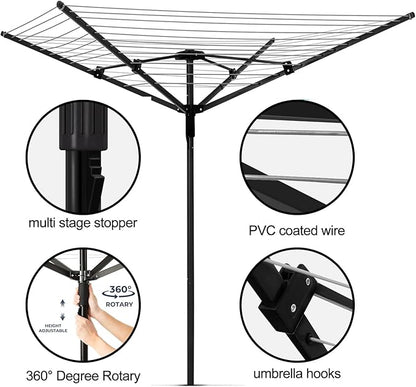 Umbrella Clothesline Outdoor, Rotary Retractable Clothes Line Outdoors Adjustable Height Drying Rack Clothing 4 Arms 12 Lines with 165 Feet Heavy Duty Outdoor Clothesline for Backyard