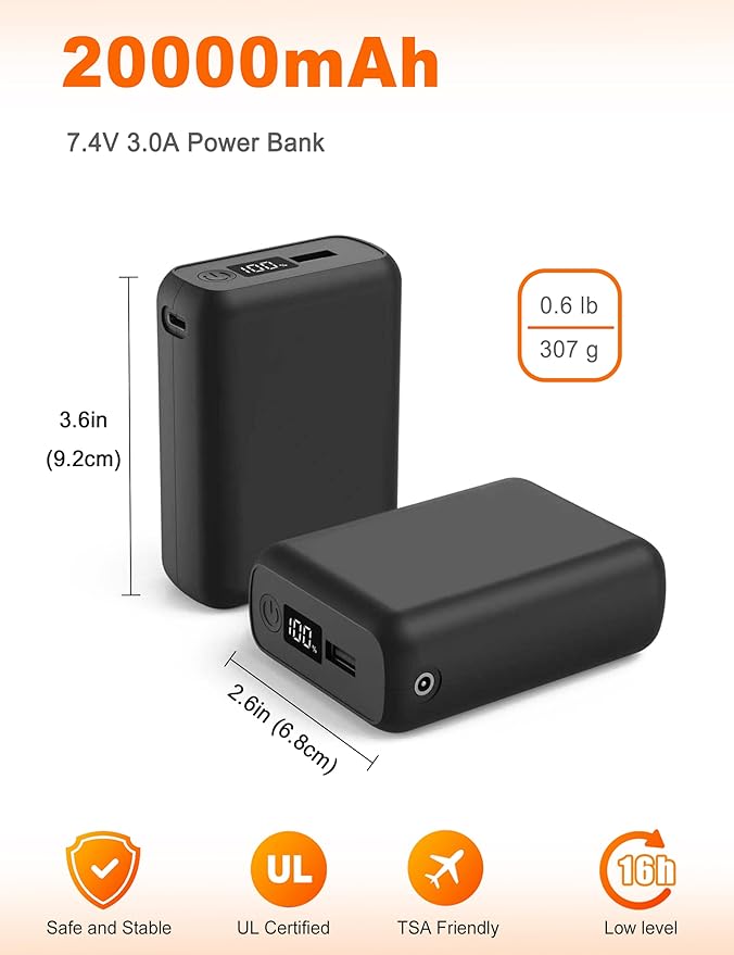 Pexzey 𝟳.𝟰𝗩/𝟱𝗩 𝟮𝟬𝟬𝟬𝟬𝗺𝗔𝗵 Heated Vest Battery Pack, LED Display, Power Bank with USB/Type-C/DC 3.8 Output and LED Display, Portable Charger, Compatible with Heated Vests, Jackets, Pants