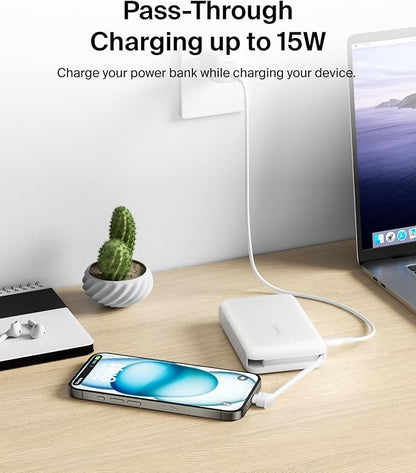Belkin Portable Charger, Power Bank with Integrated Cable 10000 mAh 20W - Fast Charge USB C Power Delivery - iPhone 17, Air, Pro, Pro Max, iPad, AirPods, Apple Watch, Galaxy S25, & More - White