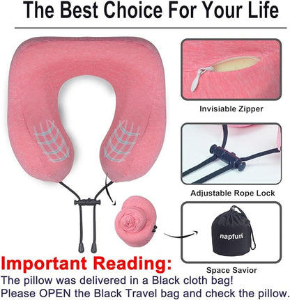 napfun Neck Pillow for Traveling, Upgraded Travel Neck Pillow for Airplane 100% Pure Memory Foam Travel Pillow for Flight Headrest Sleep, Portable Plane Accessories, Simple Sets (Optional), Full Rose