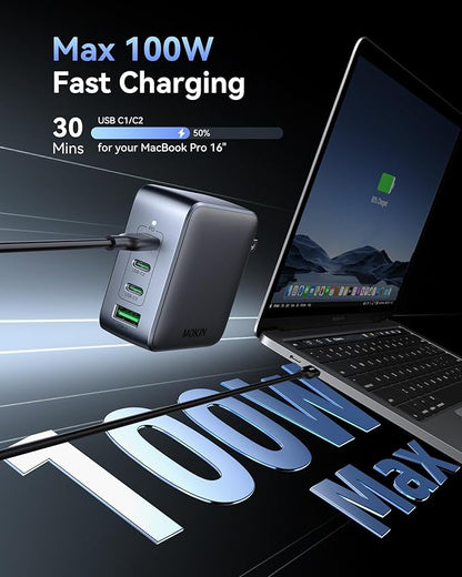 100W USB C Wall Charger Block, 4-Port PD3.1 GaN Foldable Compact PPS Fast Laptop Charger Power Adapter for MacBook Pro/Air, Dell XPS, iPhone 17/16 Pro, iPad Pro, Galaxy S25/S24, Steam Deck, and More