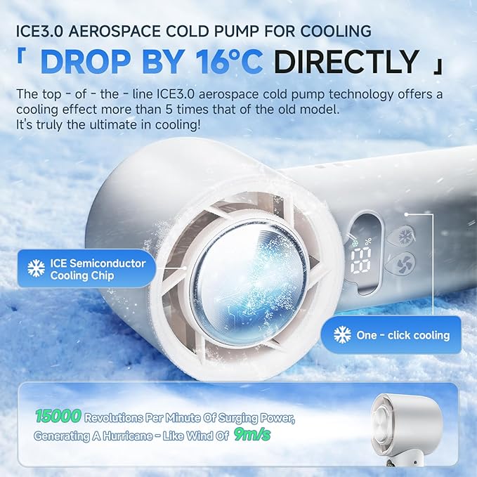 [2025 Upgrade] Portable Cooler Handheld Fan, [Coldest Turbo Hand Fan] 15000RPM 24H Max Cooling Time Highly Speed (1-100) Hand Fan, Collapsible Mini Small for Travel, Office (White)