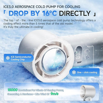 [2025 Upgrade] Portable Cooler Handheld Fan, [Coldest Turbo Hand Fan] 15000RPM 24H Max Cooling Time Highly Speed (1-100) Hand Fan, Collapsible Mini Small for Travel, Office (White)