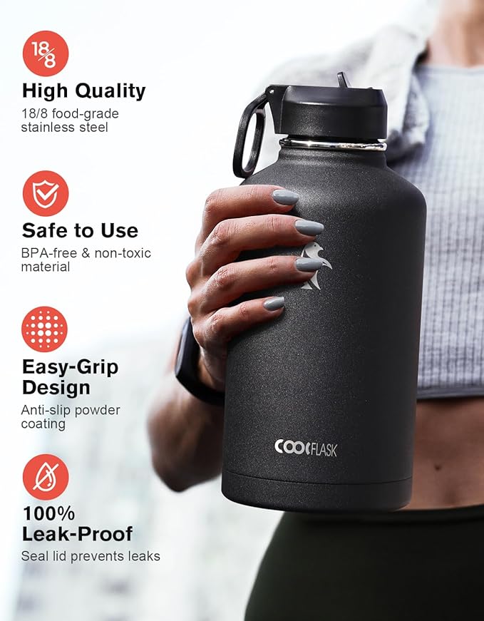 64 oz Water Bottle Insulated with Straw & 3 Lids, Coolflask Large Metal Stainless Steel Water Jug Big Half Gallon Wide Mouth for Sports, Gym or Office, Non-BPA Keep Cold 48H Hot 24H, Magic Black