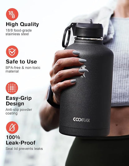 64 oz Water Bottle Insulated with Straw & 3 Lids, Coolflask Large Metal Stainless Steel Water Jug Big Half Gallon Wide Mouth for Sports, Gym or Office, Non-BPA Keep Cold 48H Hot 24H, Magic Black