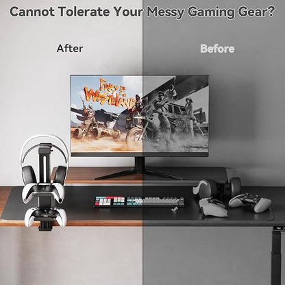 Controller Holder & Headphone Stand Under Desk with Adjustable Clamp, Controller Stand&Headset hanger for Desk Mount with 360° Rotating Hook & Cable Organizer, 3-in-1 Gaming Accessories Organizer