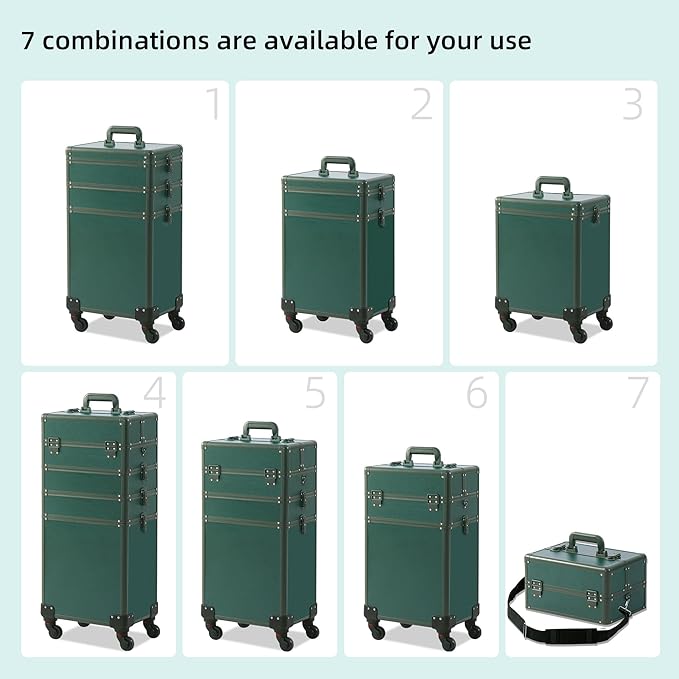 Makeup Train Case, Rolling Makeup Case with Lid, 5 in 1 Cosmetology Case on Wheels, Christmas Gift, Large Makeup Case Organizers, Profesional Cosmetic Case for Salon Barber, Green