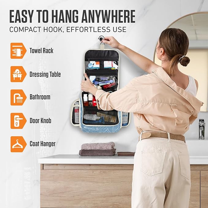 VENTURE 4TH Hanging Travel Toiletry Bag for Women & Men - Travel Organizer with Expandable Compartments & Removable Clear Pouch for Toiletries (Blue Flowers)