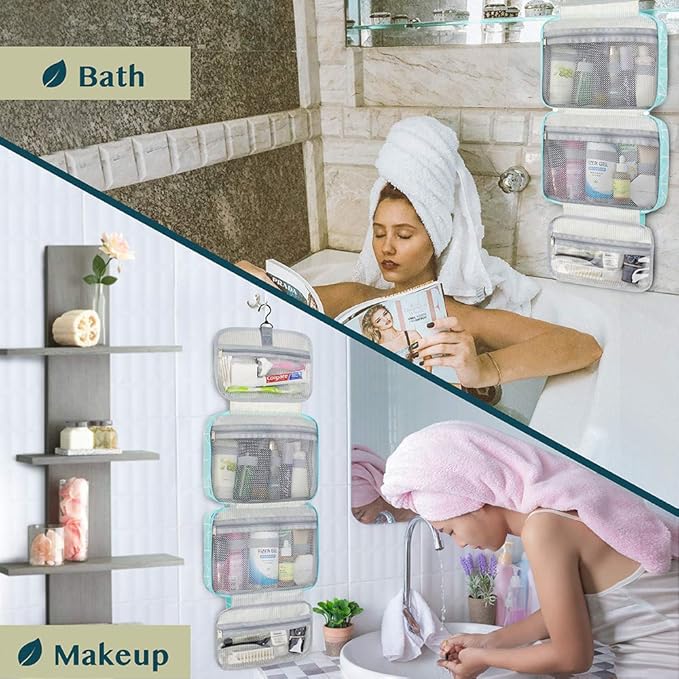 PAVILIA Hanging Toiletry Bag Travel Bag Women Men, Foldable Cosmetic Organizer, Roll up Makeup Bag, Water Resistant Accessories Toiletries, Large Travel Essentials Kit (Teal Chevron)