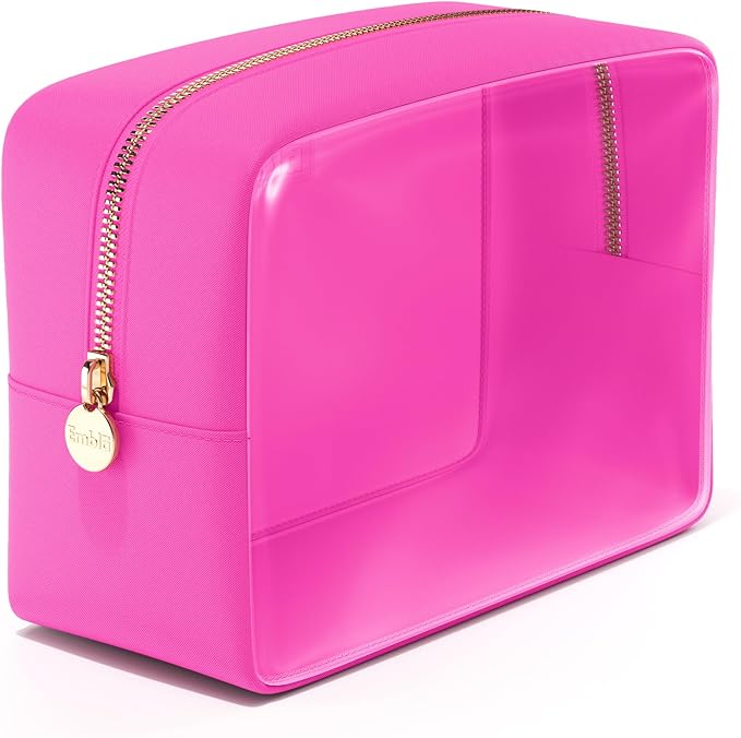 Embla London Makeup Bag Cosmetic Case, Clear Zipper Make Up Pouch and Toiletry Travel Tote, Cute Skincare Pouches for Women Girls, Preppy Purse Cosmetic Organizer, Large Makeup Bags, Bubblegum