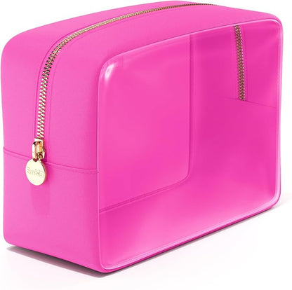 Embla London Makeup Bag Cosmetic Case, Clear Zipper Make Up Pouch and Toiletry Travel Tote, Cute Skincare Pouches for Women Girls, Preppy Purse Cosmetic Organizer, Large Makeup Bags, Bubblegum
