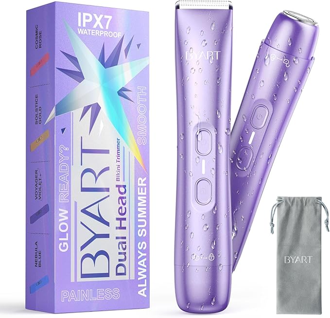 Bikini Trimmer for Women Dual Head – IPX7 Waterproof & Painless Electric Razor for Pubic Hair, Face, Legs, Underarms – Portable Cordless Shaver with Fast Charging, Teen Girl Gifts Trendy Stuff, Purple