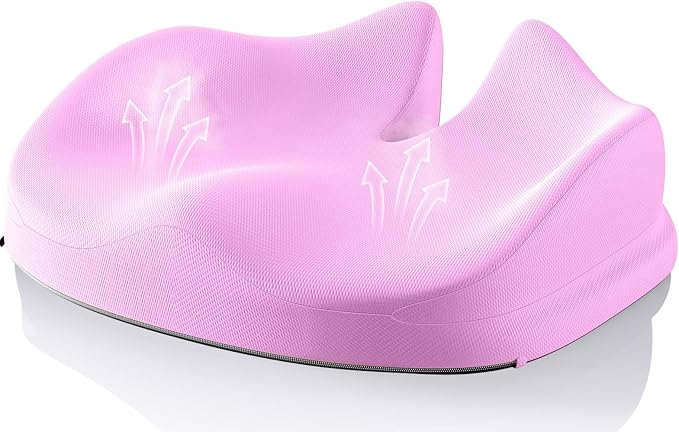 Benazcap Large Seat Cushion for Office Chair Memory Foam Coccyx Pain Relief Cushion Pillow for Back Support Non-Slip Seat Pad for Office Desk, Car Seat, Wheelchair, Sciatica-Pink