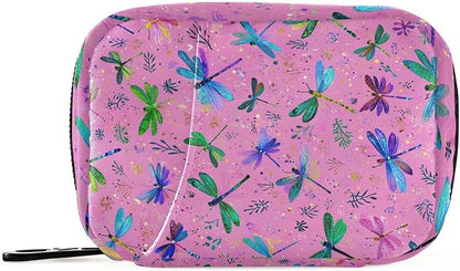 Deep Pink Dragonflies and Leaves Travel Pill Organizer Case Box Container Weekly Portable Vitamin Medicine Holder Storage Bag with Zipper Removable